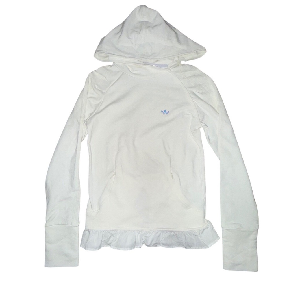 Adidas Y2K White Hoodie Ruffle Hem Logo Sporty Athleisure Women XS‎